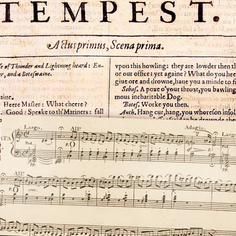 Top: title page of The Tempest from the First Folio, 1623. Bottom: first page of Beethoven's Piano Sonata No. 17 ("The Tempest"), 1802.